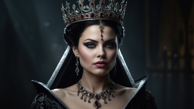 Portrait of a powerful evil queen in a dark fairy tale setting