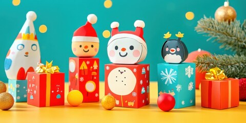 Naklejka premium Playful gift boxes for kids, covered in cartoonish holiday characters and vibrant colors