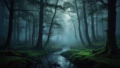Fototapeta premium Enchanted forest by moonlight in a dark fairy tale atmosphere