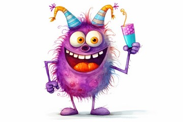 Fototapeta premium Joyful Purple Monster with Colorful Party Hat and Drink, Cheerful Cartoon Character Celebrating with a Festive Vibe, Ideal for Children's Theme and Fun Events