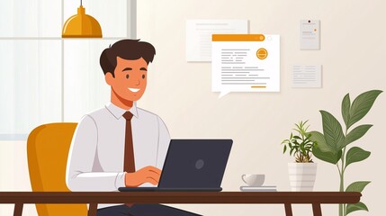 Young professional using laptop in modern office setting with natural light, engaged in work or research, showcasing technology and AI software utilization