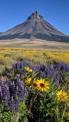 A vibrant field of blooming wildflowers dancing in the gentle breeze under clear skies