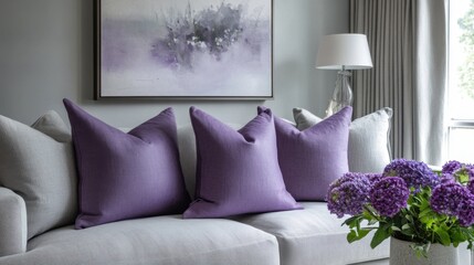 Lavender pillows on a cozy gray sofa create a harmonious blend of calmness and comfort, accentuated by a vase of matching flowers