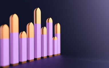 Obraz premium A vibrant bar graph made of purple and gold elements, illustrating data trends against a dark background.