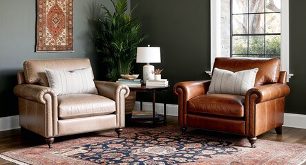 Soft leather armchairs paired with traditional area rugs and muted colors