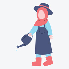 A character in a hat and apron watering plants with a watering can.