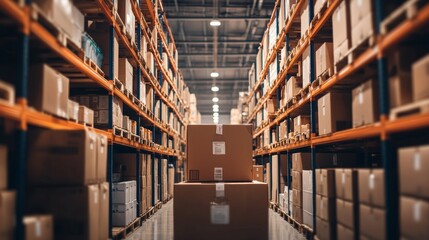 Obraz premium Warehouse shelves filled with stacked cardboard boxes