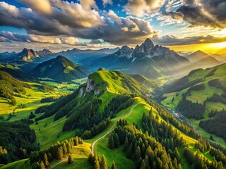 Stunning Aerial View from Mountain Rophaien Showcasing Lush Green Valleys, Majestic Peaks, and a Serene Sky in a Breathtaking Landscape with Warm Sunlight