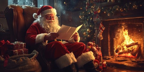 Santa Claus reading a letter from a child by the fire, sack of toys by his side, cozy atmosphere