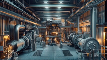 Industrial Marine Vessel Generator Room: Dramatic Overhead Lighting, Ultra-Detailed Mechanical Design, Precision Maritime Power Infrastructure View.
