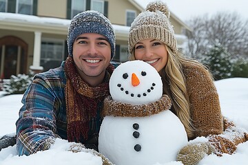 Winter Wonderland Couple: A joyful couple builds a snowman in the snow, radiating warmth and holiday cheer in front of their cozy home.