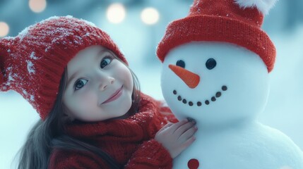 a cute little girl next to a snowman. 
