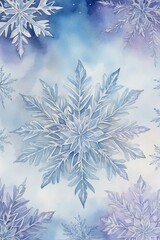 Detailed watercolor snowflakes in blue and purple tones