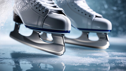 Close-up of ice skates gliding on frosty ice surface Copy space