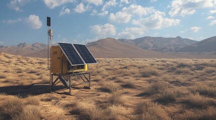 Standalone Solar Micro-Generator in Harsh Desert Conditions: Technical Documentation with Precision Ground-Level Detail under Midday Sunlight.