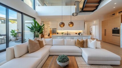 Fototapeta premium Stunning Modern Home Interior Design with Luxurious Living Room and Open Kitchen