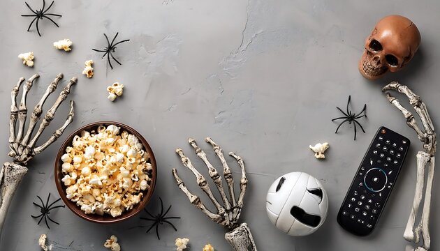 A Halloween setup includes a bowl of popcorn, remote, skeleton hand, skull, and spider deco_1(338)