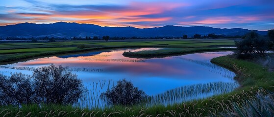 A serene landscape at sunset, featuring a tranquil pond surrounded by lush greenery and mountains.