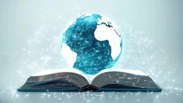 A glowing open book connected to a digital globe, with light trails linking diverse regions, symbolizing universal access to education through technology. The composition is clean and futuristic