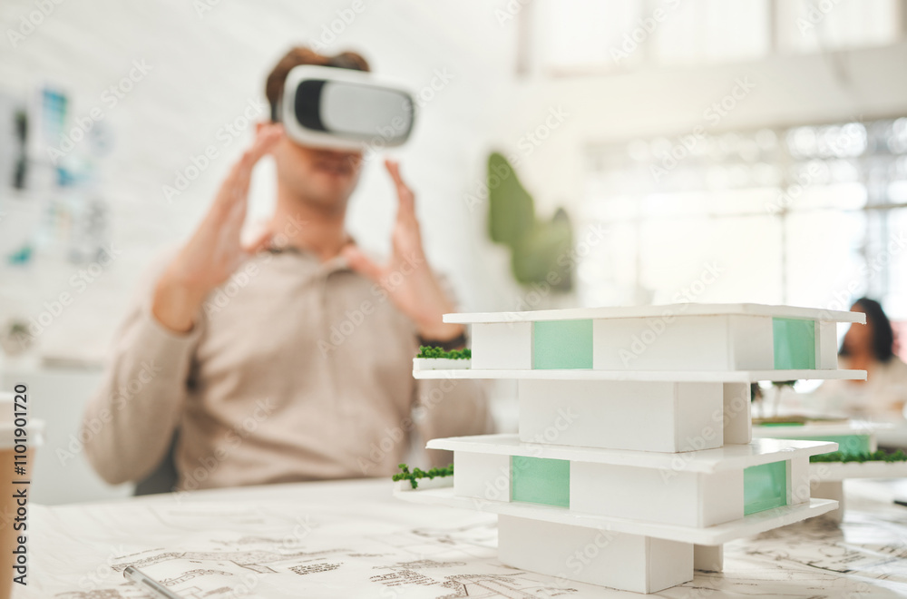 Poster man, architecture and vr headset in office with building design, architect game and ai construction.