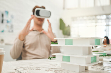 Man, architecture and vr headset in office with building design, architect game and ai...