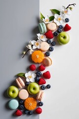 Artful arrangement of fruit, macarons, and flowers on split backdrop