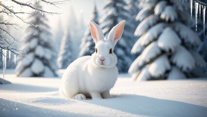 Bunny White rabbit in snowy forest with frosty trees