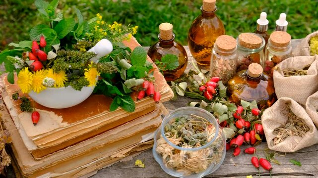 Medicinal herbs and flowers homeopathy selective focus.