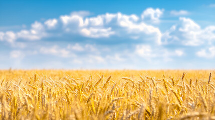 Blue Sky White Clouds Golden Wheat Fields Wheat Spikes Harvesting in Farmland	