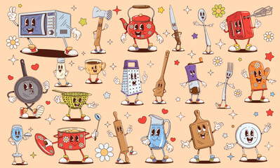Retro cartoon groovy kitchenware, dishware and utensils characters. Psychedelic hippie kitchen tool vector personages, cooking pot, spoon, fork and knife. Funky cup, grater and glass groovy characters
