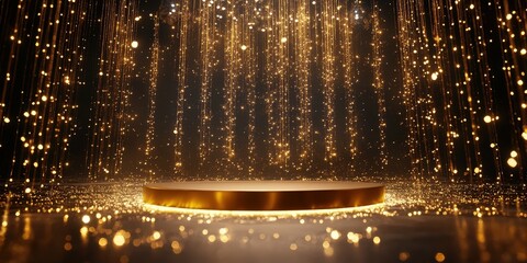 Obraz premium Empty Golden Podium Surrounded by Shimmering Lights in Scene