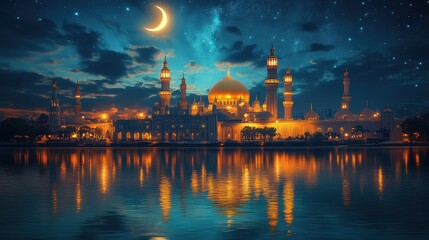 Obraz premium Night view of a grand illuminated mosque reflected in calm water under a crescent moon and starry sky.