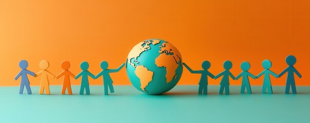 join us paper concept Colorful paper figures holding hands around a globe on a vibrant background.
