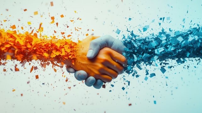 join us paper concept Colorful handshake symbolizing collaboration and unity through creative elements.