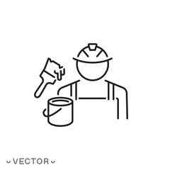paint worker, paintbrush with paint bucket, man painting, thin line symbol isolated on white background, editable stroke eps 10 vector illustration