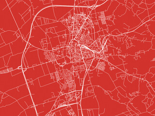 Christmas Map of Suwalki, Poland in Snowy White on Festive Red Background.