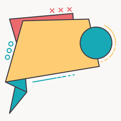 A colorful abstract speech bubble design with geometric shapes.