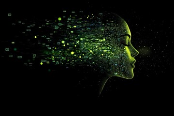 Obraz premium A silhouette of a woman’s face formed by cascading neon green digital code, reminiscent of the falling data from the Matrix