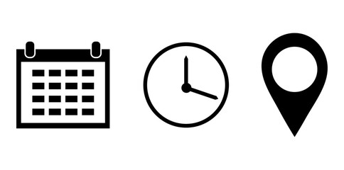 Date, time, location icons isolated on white background