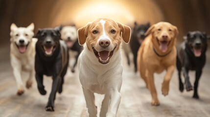 Dogs in a Sled Team Running Through Snow in Dynamic Motion