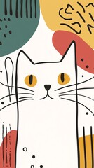 Obraz premium A playful, cartoon-style illustration of a cute female cat. Big expressive eyes, exaggerated features, and colorful details. The cat is looking at you. Bright, cheerful background