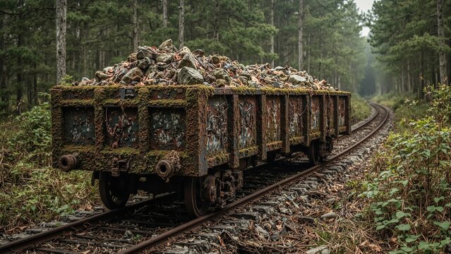 Abandoned mining cart on rusty tracks in forest   moss covered with rocks