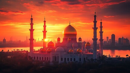 A grand mosque with shimmering golden domes against a fiery red sunset