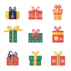 Christmas gift icon set with presents, gift tags, ribbons, and bows