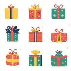 Christmas gift icon set with presents, gift tags, ribbons, and bows