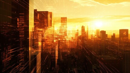 Sunset light casts a golden glow over a modern cityscape, complemented by dynamic digital overlays representing innovation