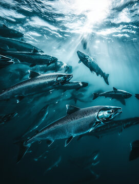 shoal of salmon in oceon light breaking through surface
