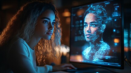 a woman is sitting at a desk looking at a computer with hologram