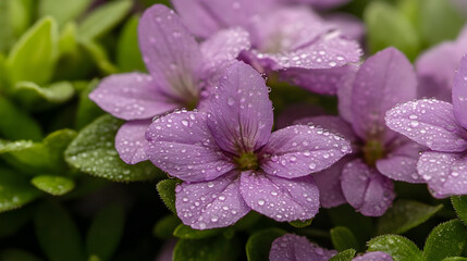 close up of delicate purple flowers adorned with droplets of water, showcasing their vibrant petals and lush green leaves. scene evokes sense of freshness and beauty in nature