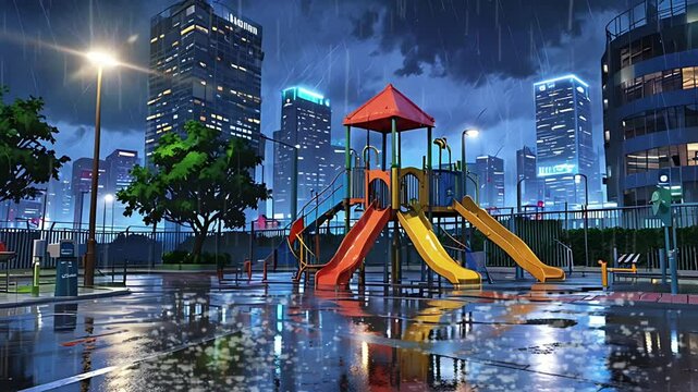 A playground area during a rainy night. Seamless 4K looping timelapse video animation background